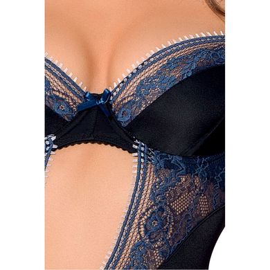 Корсет Gisele Corset black L/XL — Passion Exclusive: с вырезом на животике, вставки из бело-синего к PS24604 фото